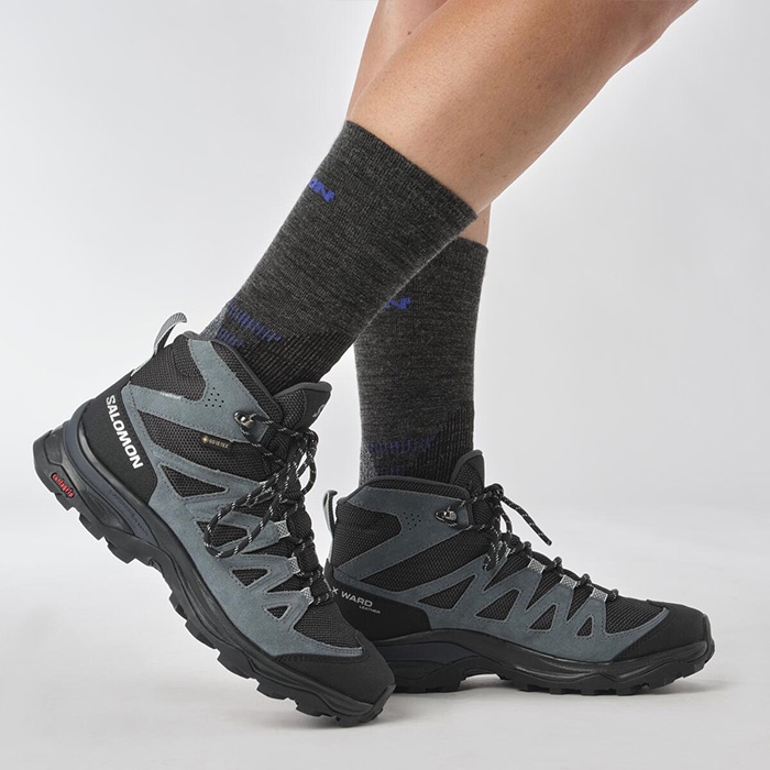 Salomon X Ward Leather Mid Gtx Kvinder   Damer  Blå Sort    Uk     Vandrestøvler
